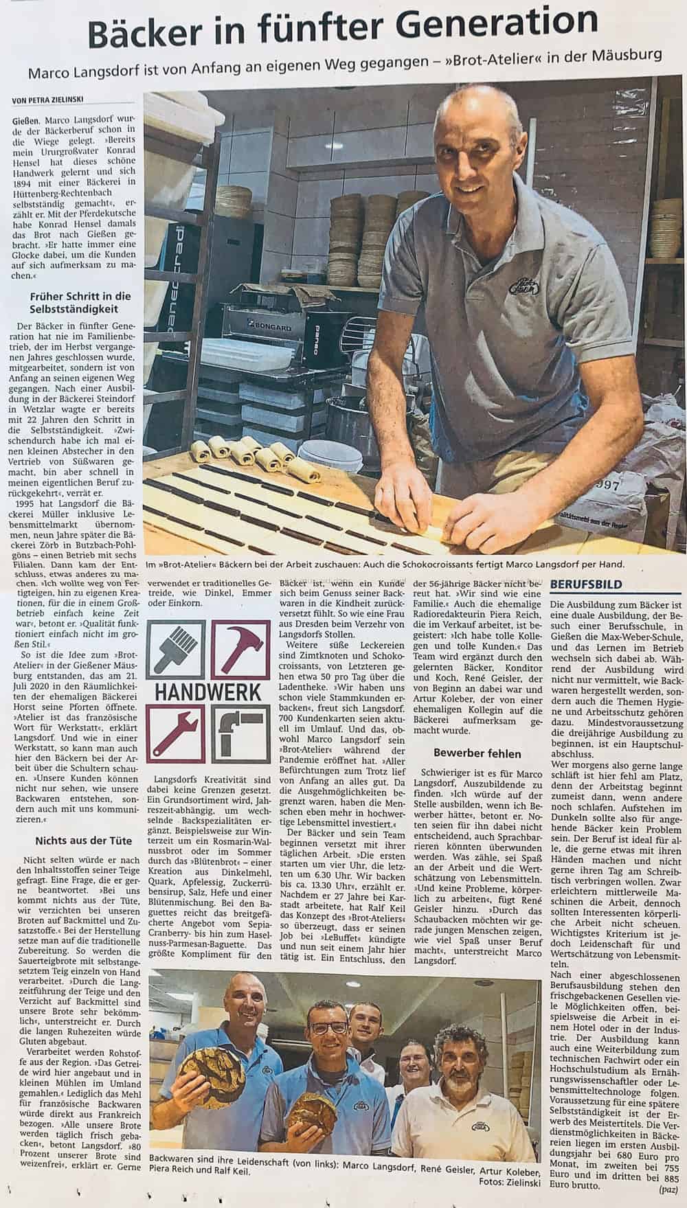 Zeitungsbericht aus dem „Gießener Anzeiger“ vom 18.01.2023 über das Brot-Atelier in Gießen